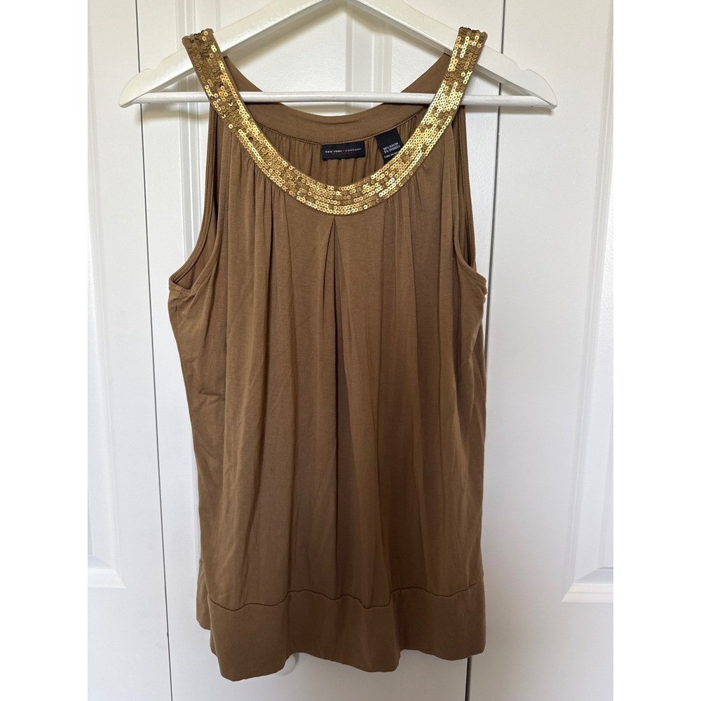 New York & Company Brown Sequin Neck Tank‎ Top Womens Medium Y2K Gold Accents